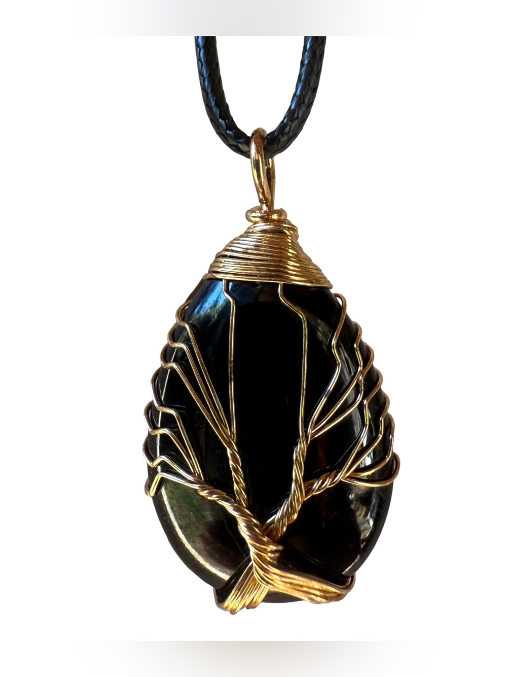 Black Obsidian Tree of Life Wire Wrapped Pendant Necklace 32”